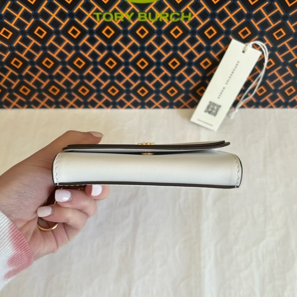 Tory Burch Emerson Soft Colorblock Flap Card Case Wallet Optic White Moose